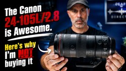 Graphic thumbnail with man holding Canon 24-105mm f/2.8 lens against blue studio background