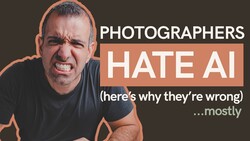 Graphic design with man's face showing frustration, bold text reading 'PHOTOGRAPHERS HATE AI'