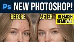 Before and after comparison graphic showing blemish removal retouching in Photoshop