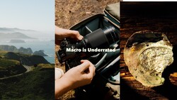 Composite image with landscape, macro lens setup, and close-up with text overlay 'Macro is Underrated'