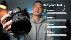 Photographer holding Sony mirrorless camera with telephoto lens, displaying four-phase learning framework