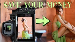 Graphic comparing professional camera setup to final portrait result with 'Save Your Money' text