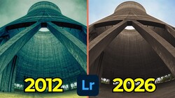 Split-screen comparison of the same cooling tower photographed in 2012 and 2026, showing color grading differences in Lightroom