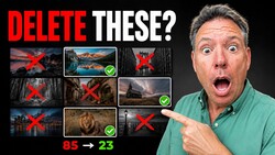 Graphic illustration showing photography selection exercise with man pointing at images marked for deletion