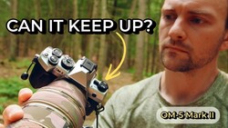 Meme showing man with OM-5 Mark II camera asking if it can keep up