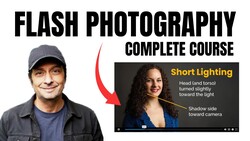 Graphic for Flash Photography Complete Course showing instructor portrait and short lighting diagram
