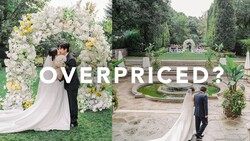 Split-frame wedding photography comparing ornate floral arch ceremony setup with garden venue landscape