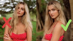 Side-by-side comparison of portrait retouching showing before and after skin processing