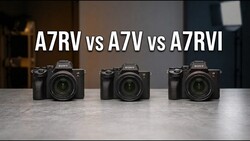 Three Sony Alpha mirrorless cameras displayed front-facing with overlay text comparing A7RV, A7V, and A7RVI models