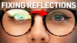 Graphic illustration showing eyeglasses with reflections on lenses and red arrow pointing to corrected reflection