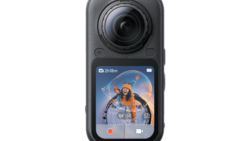 Compact handheld action camera with flip-out LCD touchscreen displaying video interface