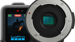 GoPro action camera with interchangeable lens mount and rear LCD screen displaying thermal imaging