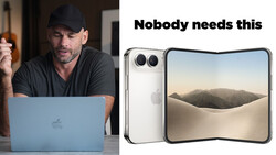 Man in black cap and shirt skeptically reviewing a foldable smartphone device