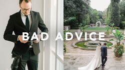 Split-screen comparison of professional and wedding photography scenarios with 'BAD ADVICE' text overlay