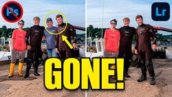 Side-by-side comparison showing person circled in left image removed from right image, with Photoshop and Lightroom logos