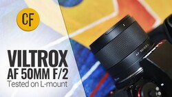 Viltrox AF 50mm f/2 lens mounted on L-mount camera with colorful Fstoppers branding