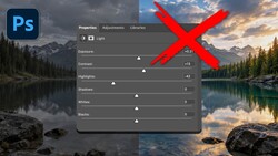 Screenshot of Photoshop Adjustments panel with landscape photo comparison