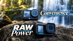 Three compact action cameras displayed on a rock with waterfall backdrop