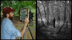 Photographer using large format camera on tripod in forest setting