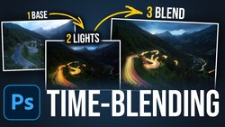 Infographic demonstrating time-blending technique in Photoshop with mountain road long exposure