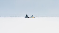 Isolated yellow farmhouse with evergreen tree in vast snowy landscape under overcast sky