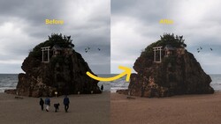 Before and after comparison of a rocky coastal formation with enhanced color grading