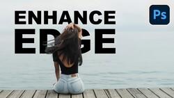 Woman sitting on wooden pier facing calm ocean with overlaid typography reading 'ENHANCE EDGE'