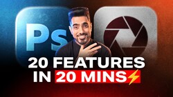 Graphic showing a man gesturing next to Photoshop and Affinity Photo logos with text '20 FEATURES IN 20 MINS'