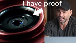 Split-screen meme with abstract red and blue circular design and person wearing black cap