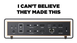 Meme graphic showing back panel of audio/video interface with multiple ports and connections