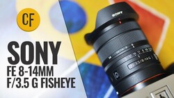 Sony FE 8-14mm f/3.5 G Fisheye lens displayed against colorful geometric background