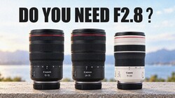 Three Canon RF-mount lenses displayed side by side against a blurred landscape background