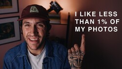 Man in denim jacket and maroon cap gesturing while smiling, with text overlay about photo selection