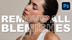 Tutorial graphic showing blemish removal technique in Adobe Photoshop