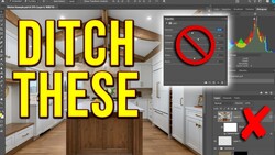 Screenshot of Adobe Photoshop showing kitchen interior with large yellow text overlay reading 'DITCH THESE' and editing interface with red prohibition symbols