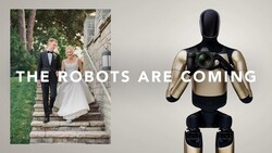 Split-screen composition contrasting a wedding couple on stone steps with a humanoid robot in athletic pose