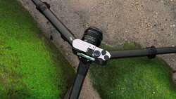 Overhead view of a mirrorless camera mounted on handlebars with moss-covered pavement