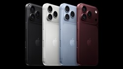 Four Apple iPhones displayed in black, white, light blue, and deep red finishes against a black background