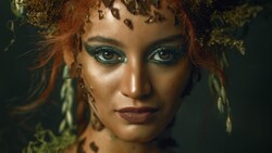 Woman with striking teal eye makeup adorned with fern fronds and natural elements