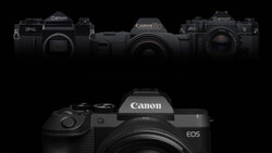 Canon EOS mirrorless camera displayed front and center with three vintage Canon film cameras arranged above