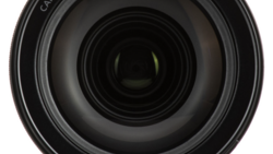Front view of a camera lens with multiple glass elements visible through the barrel