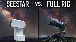 Comparison graphic of SeeStar S50 Pro telescope versus full astrophotography rig with telescope and mount
