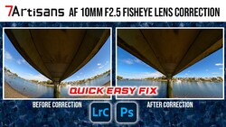 Before and after comparison showing fisheye lens distortion correction using Lightroom and Photoshop