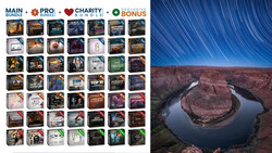 Screenshot displaying a grid of preset bundle packages alongside a landscape photograph of Horseshoe Bend