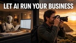 Humanoid robot at a desk beside a bearded photographer shooting at sunset, under the headline 'LET AI RUN YOUR BUSINESS'