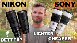 Man in a grey t-shirt holding Nikon and Sony telephoto lenses in a comparison thumbnail with 'Nikon', 'Sony', and 'Better?' text overlays.