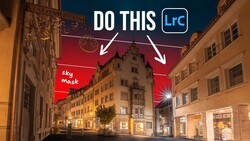 Lightroom tutorial thumbnail: night street scene with the sky highlighted in red as a mask, with 'DO THIS' text.