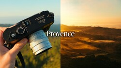 Hand holding a black Leica rangefinder camera with silver lens, beside a misty golden-hour valley labeled Provence.