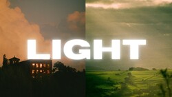 Split-frame image: glowing mill windows at dusk on left, green farmland in hazy light on right, white text reading LIGHT.