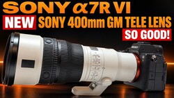 Sony a7R VI camera with Sony 400mm GM telephoto lens against warm-lit background